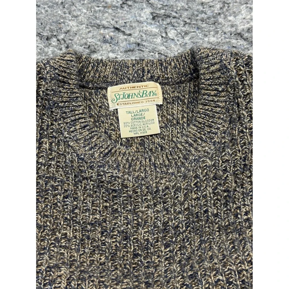 St Johns Bay Mens Large Tall Vintage Marled Knit Crewneck Sweater Brown Navy USA